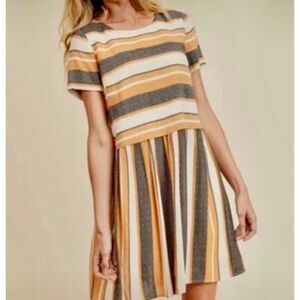 Altar'd State Mustard Striped Tunic Sheath Short Sleeve Dress M Lagenlook Boho
